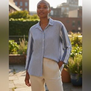 100% European linen Blue Striped Women's XL Blouse SAGIMAR Made In Italy